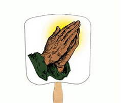 hand fan with custom image of hands praying printed on it
